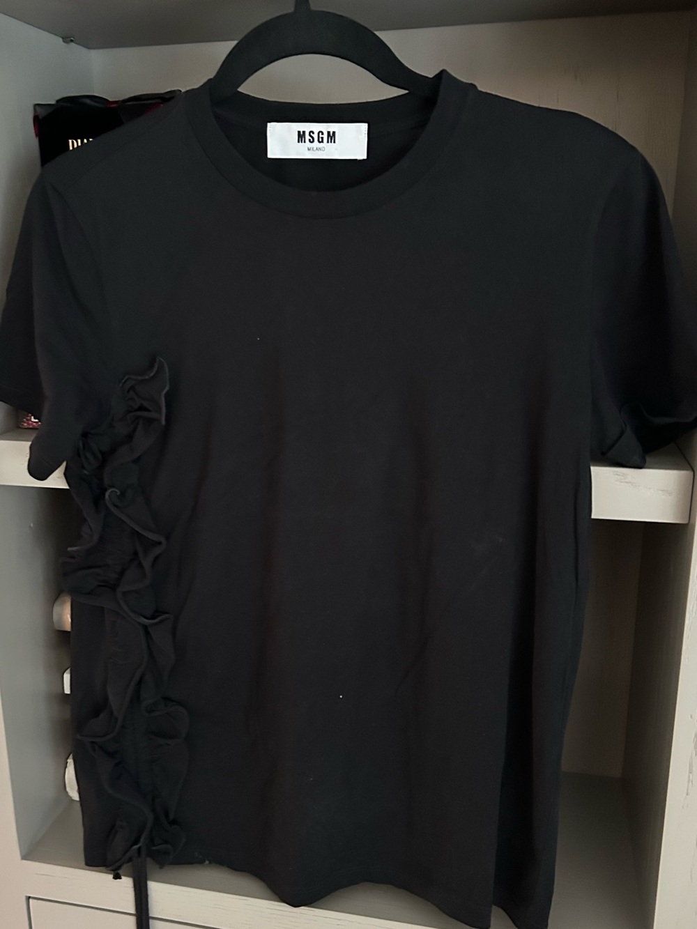 MSGM Black Short-Sleeve Crewneck Top with Side Ruffle